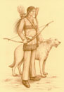 character and dog sepia pencil drawing